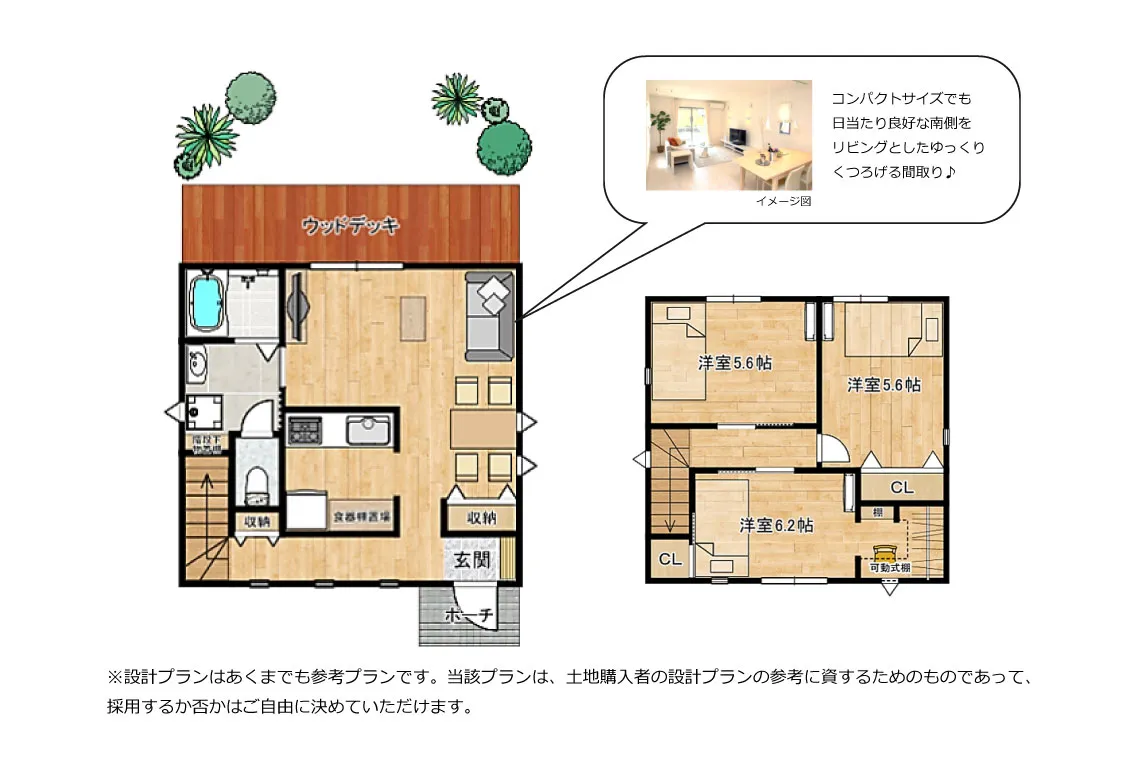 コンパクトサイズでも日当たり良好な南側をリビングとしたゆっくりくつろげる間取り